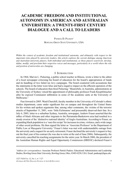Academic Freedom and Institutional Autonomy in American and Australian Universities: a Twenty-First Century Dialogue and a Call to Leaders