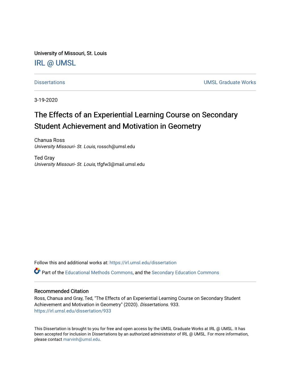 The Effects of an Experiential Learning Course on Secondary Student Achievement and Motivation in Geometry