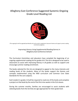 Allegheny East Conference Systemic Grade Level Reading List