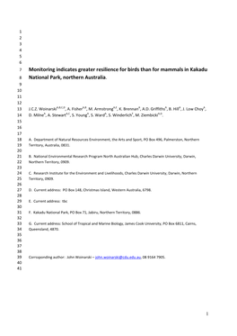 Monitoring Indicates Greater Resilience for Birds Than for Mammals in Kakadu 8 National Park, Northern Australia