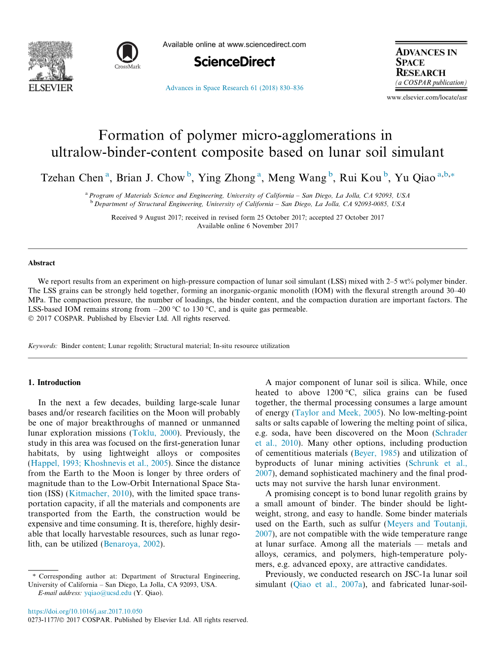 Formation of Polymer Micro-Agglomerations in Ultralow-Binder-Content Composite Based on Lunar Soil Simulant