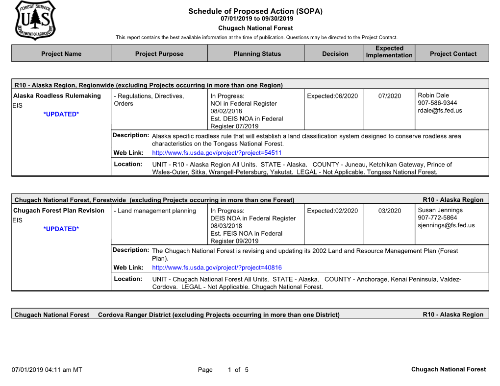 Schedule of Proposed Action (SOPA) 07/01/2019 to 09/30/2019 Chugach National Forest This Report Contains the Best Available Information at the Time of Publication