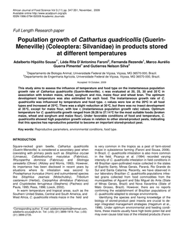 Population Growth of Cathartus Quadricollis (Guerin- Meneville) (Coleoptera: Silvanidae) in Products Stored at Different Temperatures