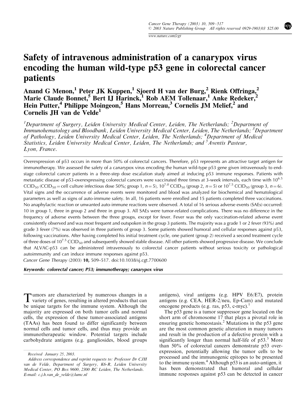 Safety of Intravenous Administration of a Canarypox Virus Encoding The