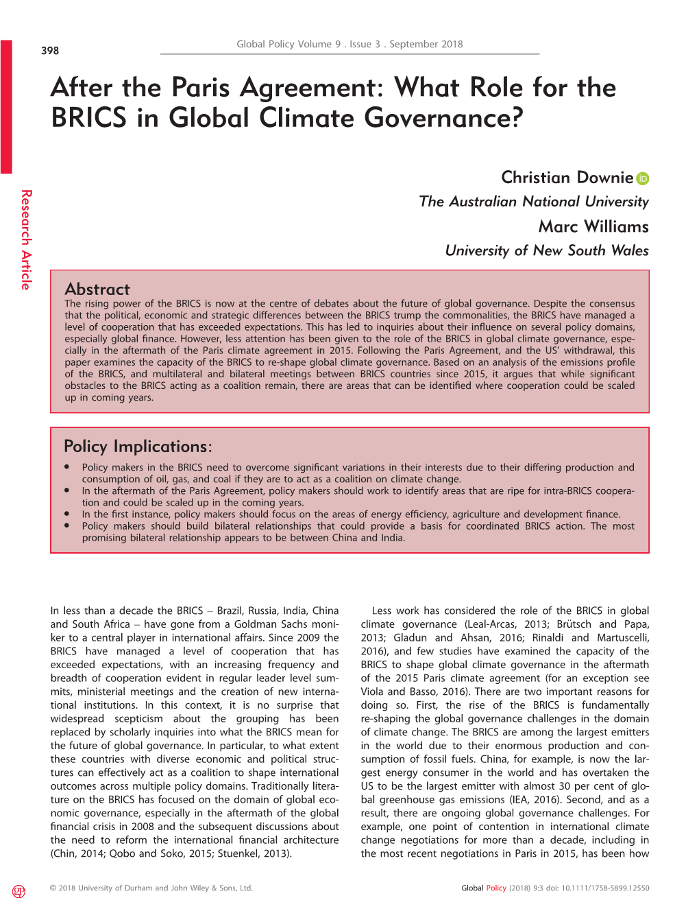 After the Paris Agreement: What Role for the BRICS in Global Climate Governance?