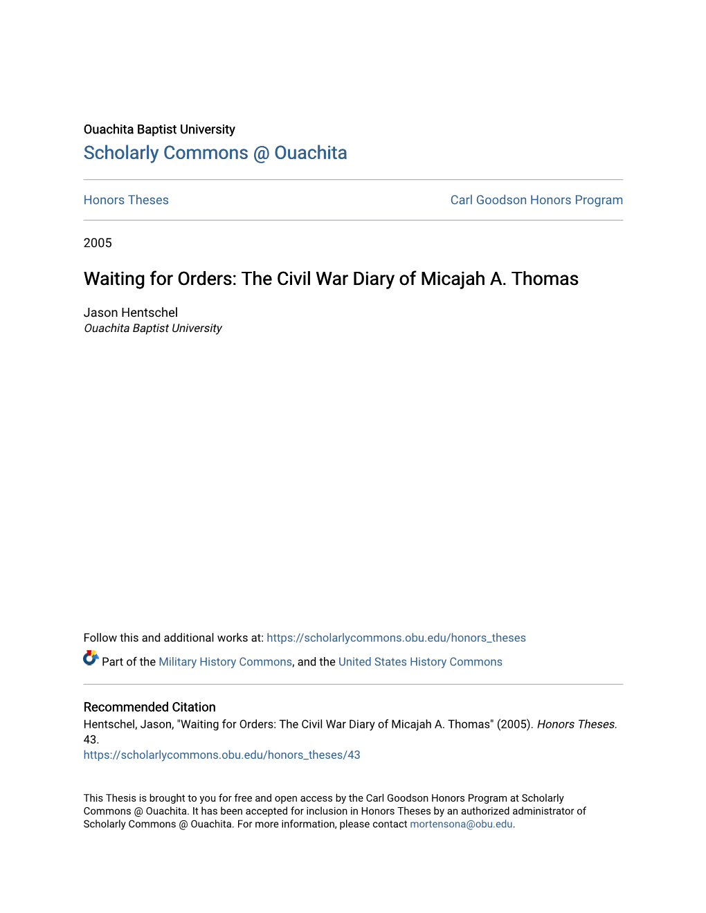 Waiting for Orders: the Civil War Diary of Micajah A. Thomas