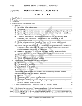 Chapter 850: IDENTIFICATION of HAZARDOUS WASTES