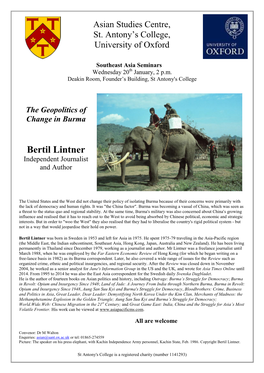 The Geopolitics of Change in Burma Bertil Lintner