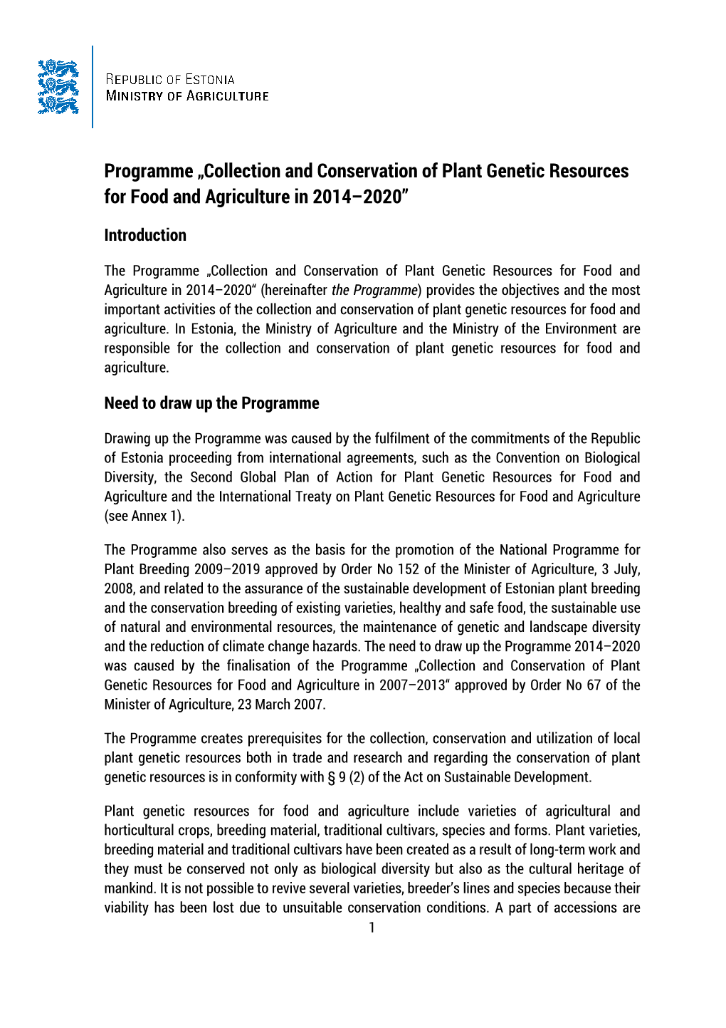 Collection and Conservation of Plant Genetic Resources for Food and Agriculture in 2014–2020”