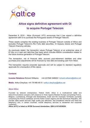 Altice Signs Definitive Agreement with Oi to Acquire Portugal Telecom