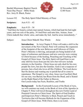 Beulah Missionary Baptist Church 18 November 2020 Noon Day Prayer – Bible Study 12:00 Noon Rev