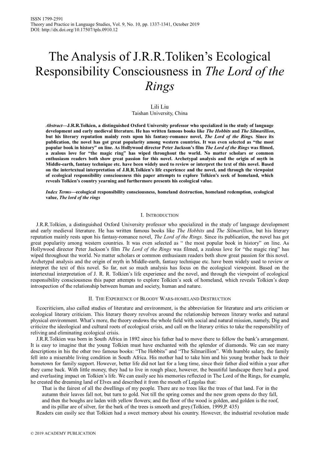 The Analysis of JRR Toliken's Ecological Responsibility Consciousness in the Lord of the Rings