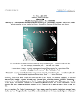On October 25, 2019 SONO LUMINUS Releases JENNY LIN the Etudes Project, Volume One: ICEBERG Featuring Lin's Performance Of