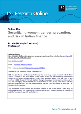 Securitizing Women: Gender, Precaution, and Risk in Indian Finance