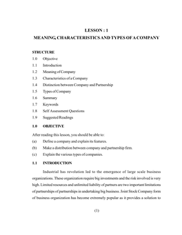 Lesson : 1 Meaning, Characteristics and Types of a Company