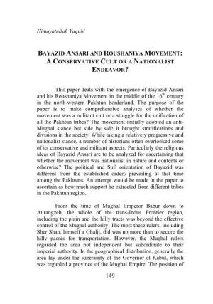 Bayazid Ansari and Roushaniya Movement: a Conservative Cult Or a Nationalist Endeavor?