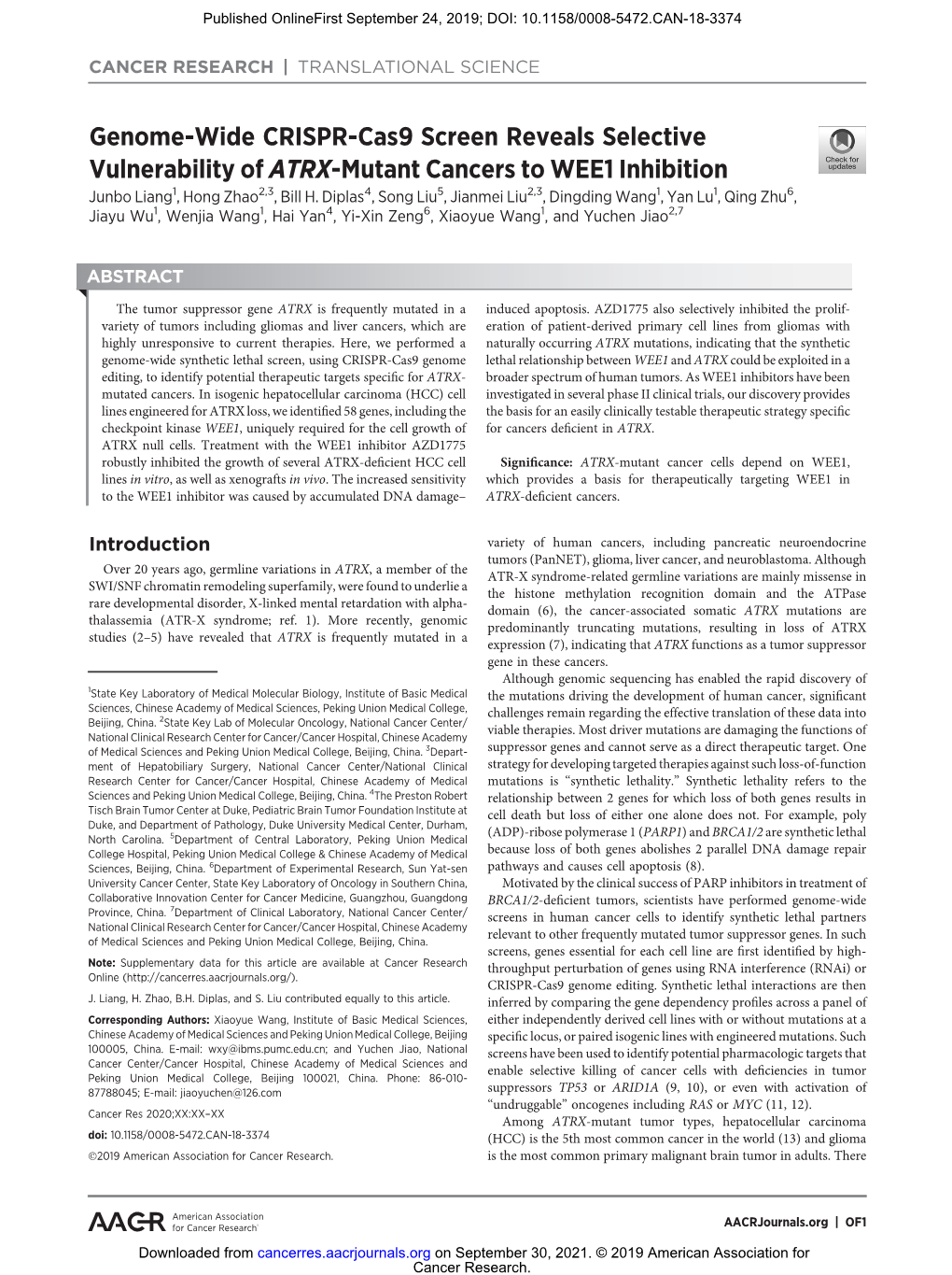 ATRX-Mutant Cancers to WEE1 Inhibition Junbo Liang1, Hong Zhao2,3, Bill H