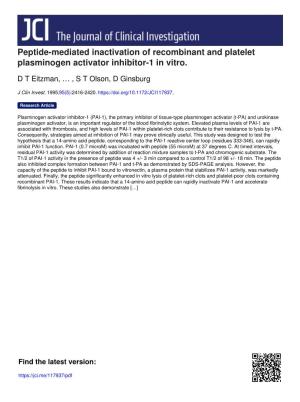 Peptide-Mediated Inactivation of Recombinant and Platelet Plasminogen Activator Inhibitor-1 in Vitro
