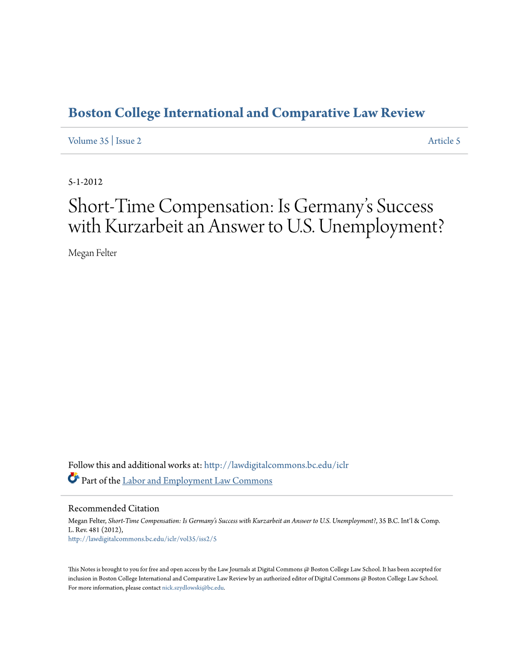 Short-Time Compensation: Is Germanyâ•Žs Success With