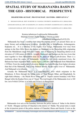 Spatial Study of Mahananda Basin in the Geo - Historical Perspective