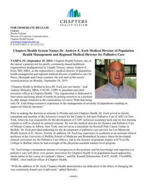 Chapters Health System Names Dr. Andrew E. Esch Medical Director of Population Health Management and Regional Medical Director for Palliative Care