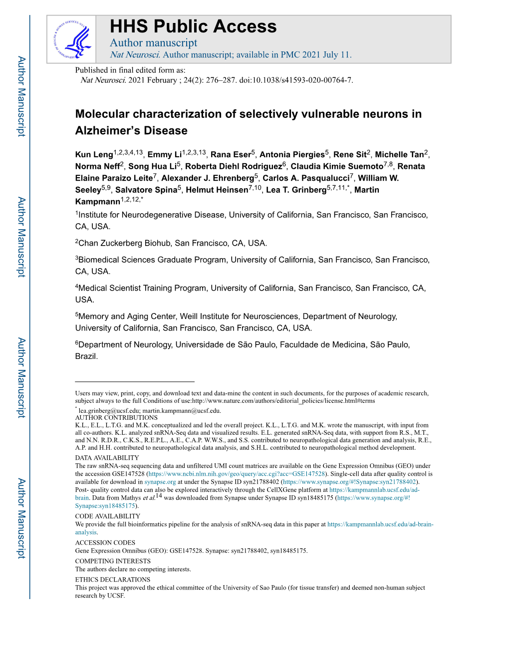 Molecular Characterization of Selectively Vulnerable Neurons in Alzheimer's Disease