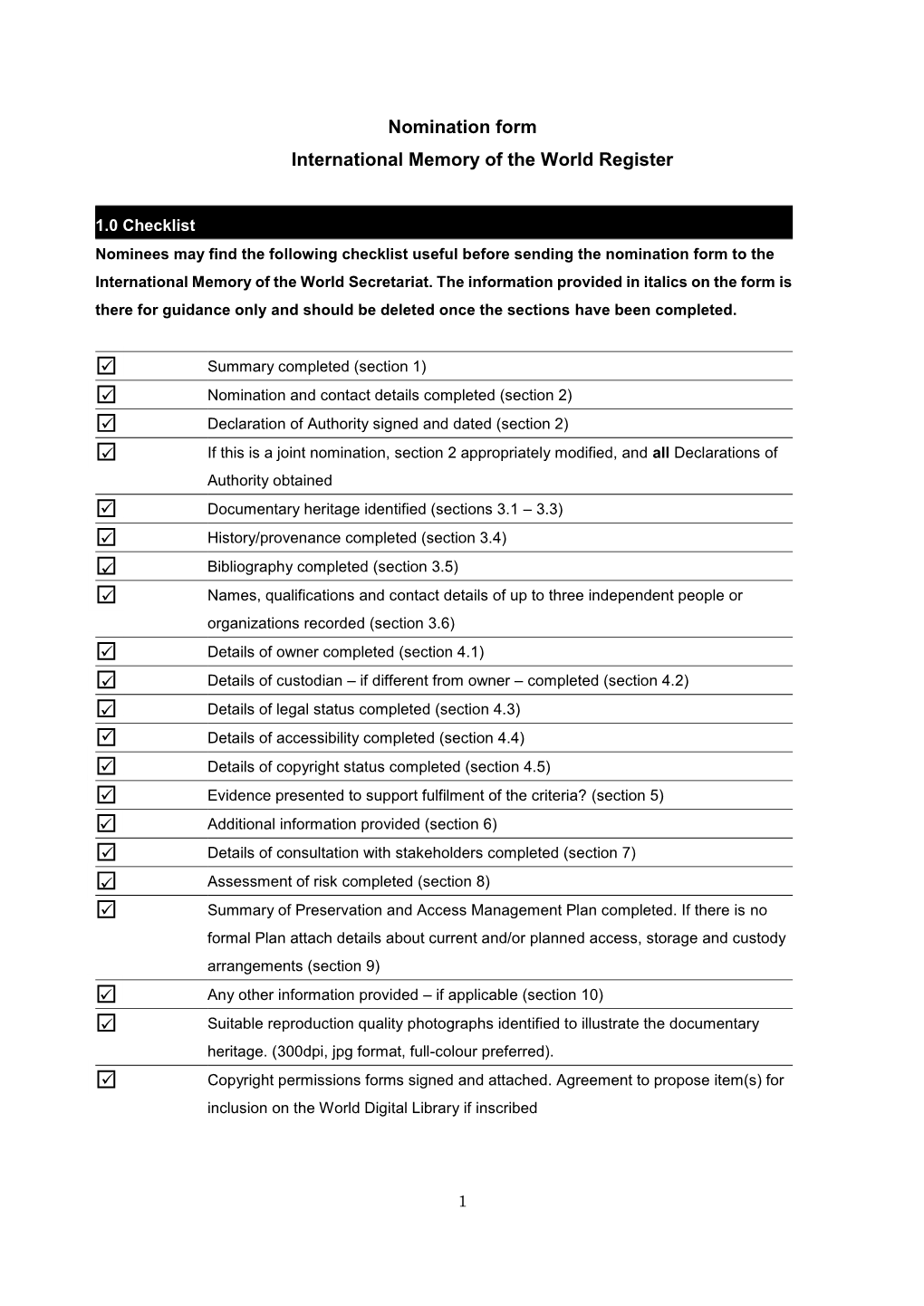 Nomination Form International Memory of the World Register