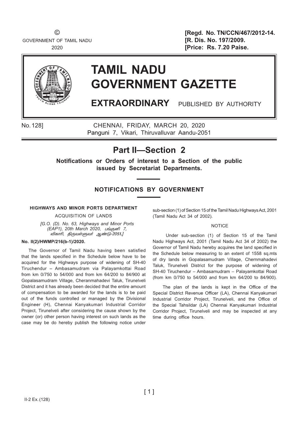 128] Chennai, Friday, MARCH 20, 2020 Panguni 7, Vikari, Thiruvalluvar Aandu-2051