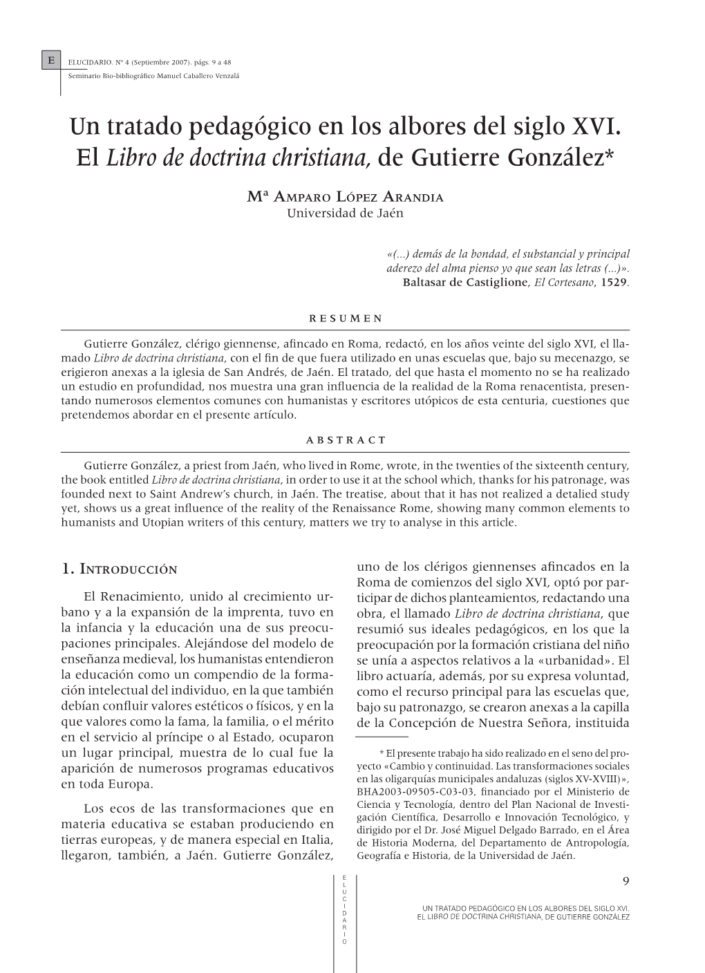 Un Tratado Pedagógico En Los Albores Del Siglo XVI. El Libro De Doctrina Christiana, De Gutierre González*