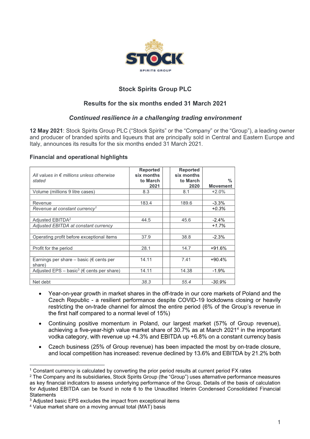 Stock Spirits Group PLC Results for the Six Months Ended 31 March