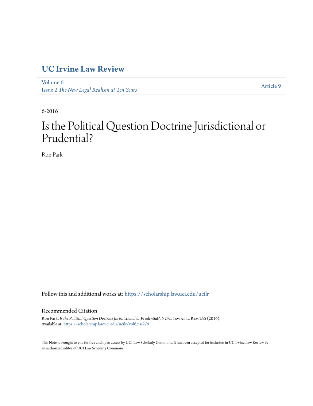 Is the Political Question Doctrine Jurisdictional Or Prudential? Ron Park