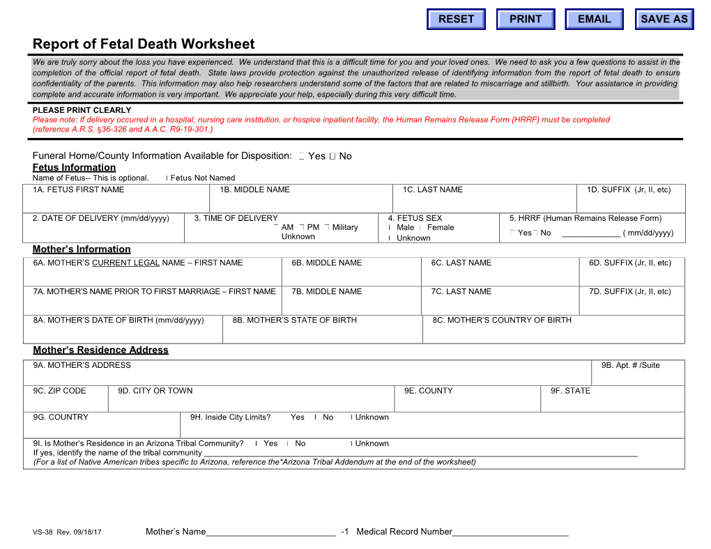 Report of Fetal Death Worksheet