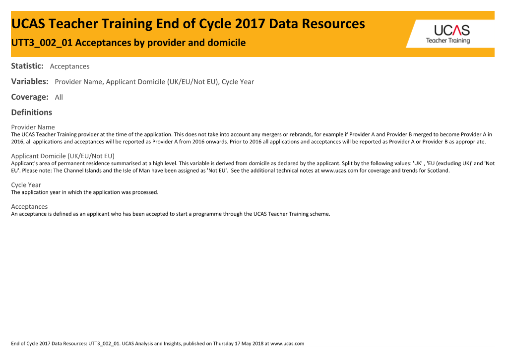 UCAS Teacher Training End of Cycle 2017 Data Resources UTT3 002 01 Acceptances by Provider and Domicile