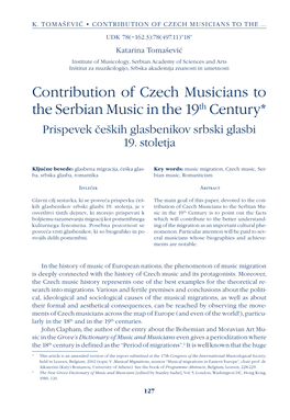 Contribution of Czech Musicians to the Serbian Music in the 19Th Century* Prispevek Čeških Glasbenikov Srbski Glasbi 19