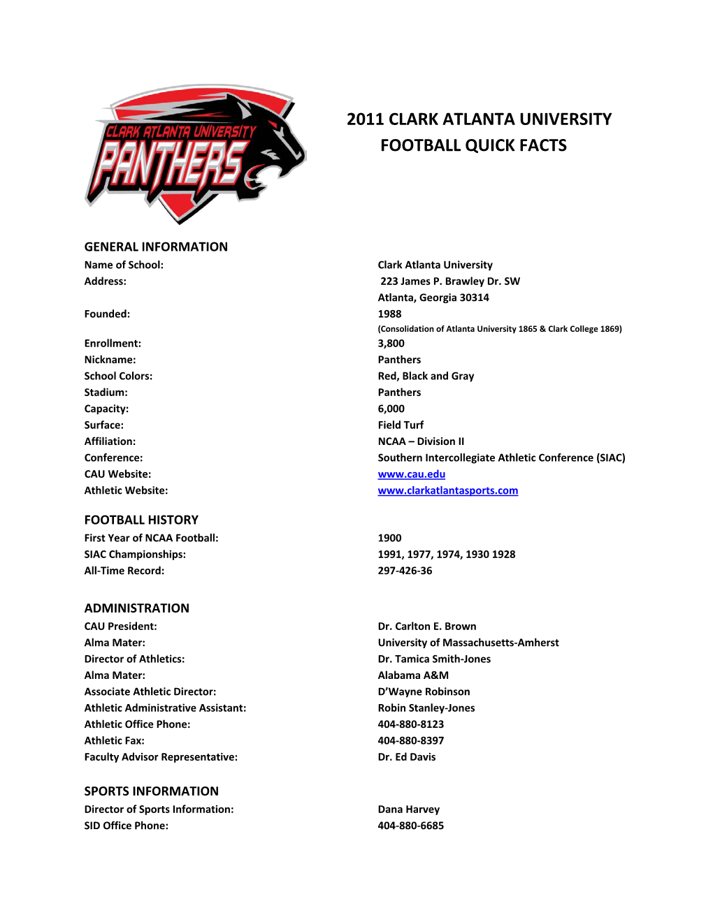 2011 Clark Atlanta University Football Quick Facts