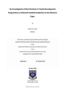 An Investigation of Best Practices in Youth Development Programmes at Selected Football Academies in the Western Cape