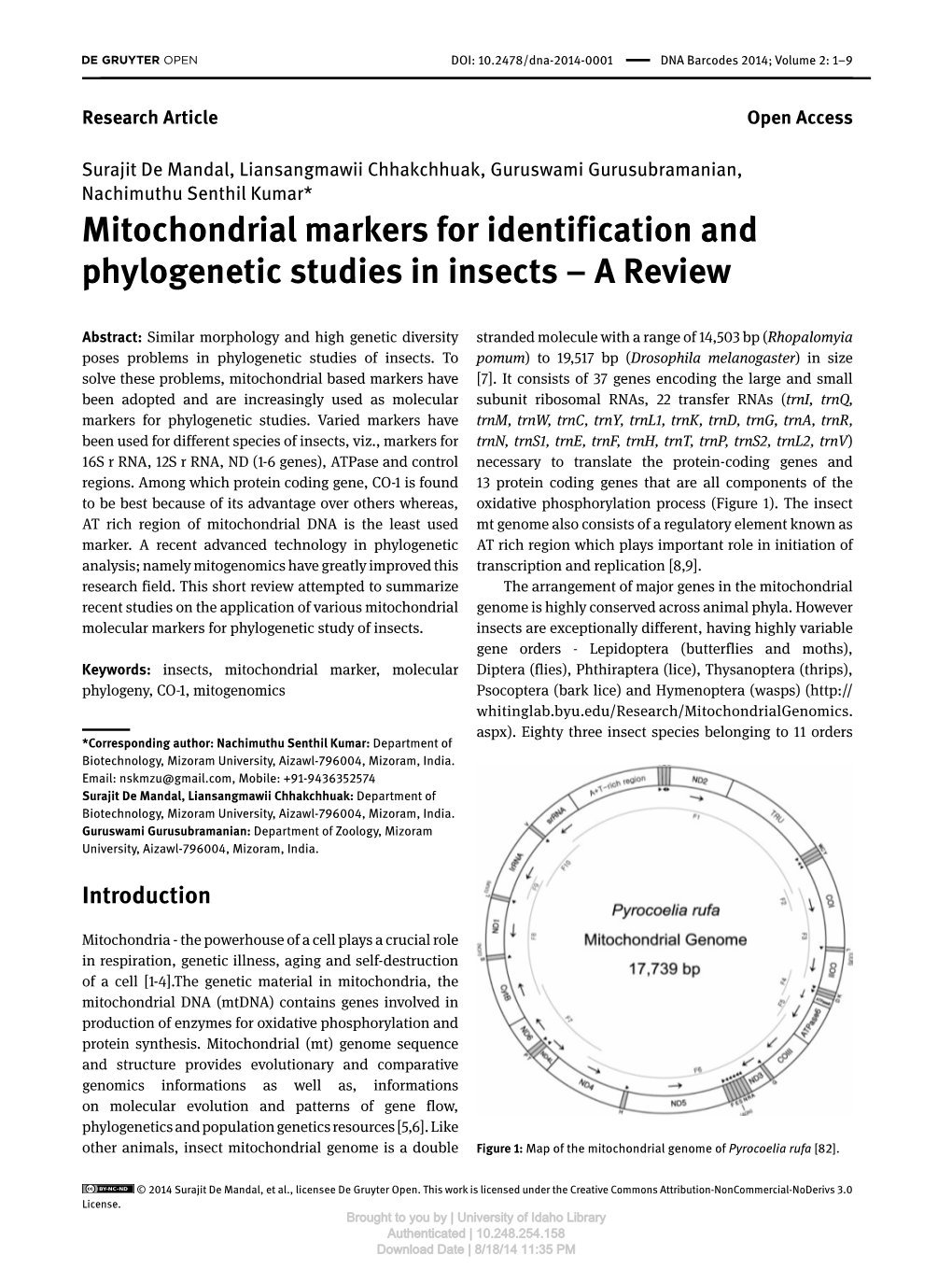 Mitochondrial Markers for Identification and Phylogenetic Studies in Insects – a Review