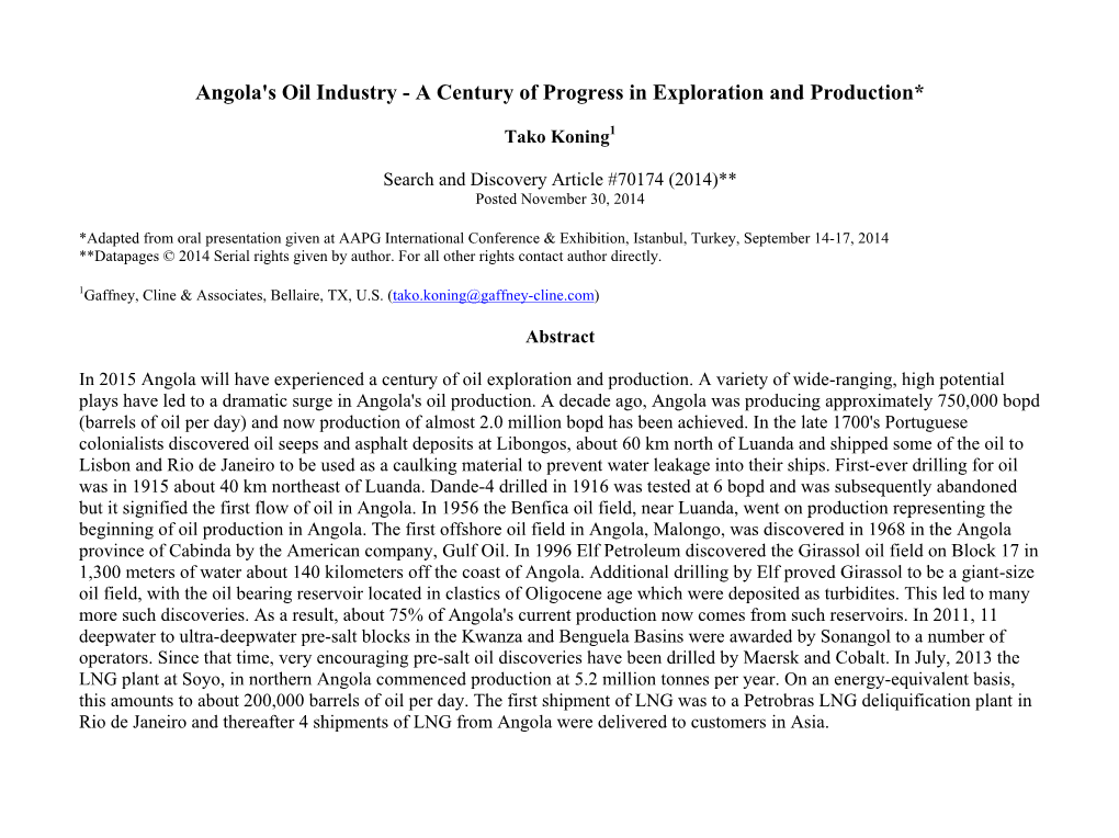 Angola's Oil Industry - a Century of Progress in Exploration and Production*