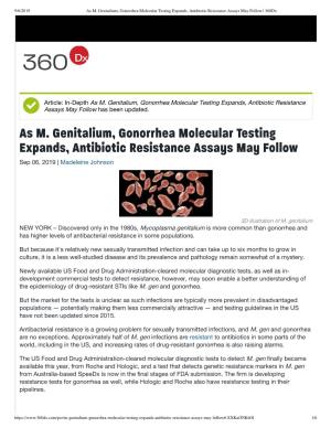 As M. Genitalium, Gonorrhea Molecular Testing Expands, Antibiotic Resistance Assays May Follow | 360Dx