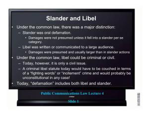 Slander and Libel • Under the Common Law, There Was a Major Distinction: – Slander Was Oral Defamation