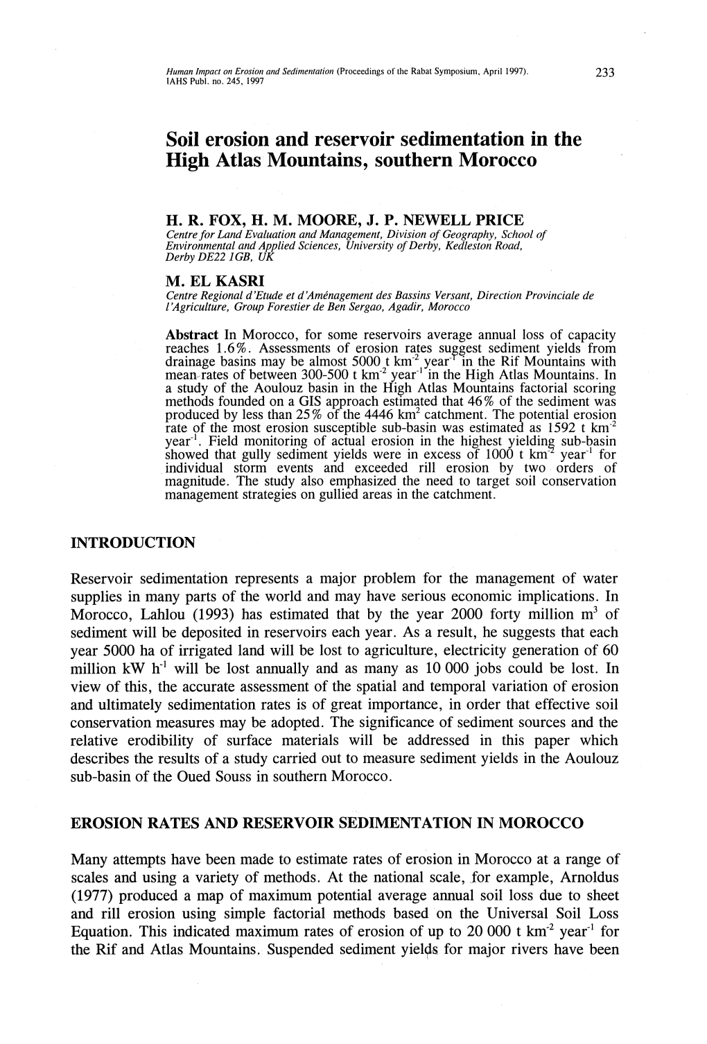 Soil Erosion and Reservoir Sedimentation in the High Atlas Mountains, Southern Morocco