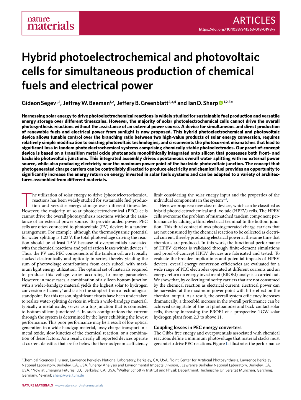 Hybrid Photoelectrochemical and Photovoltaic Cells for Simultaneous Production of Chemical Fuels and Electrical Power