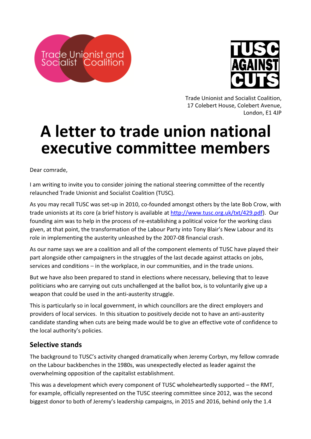 A Letter to Trade Union National Executive Committee Members