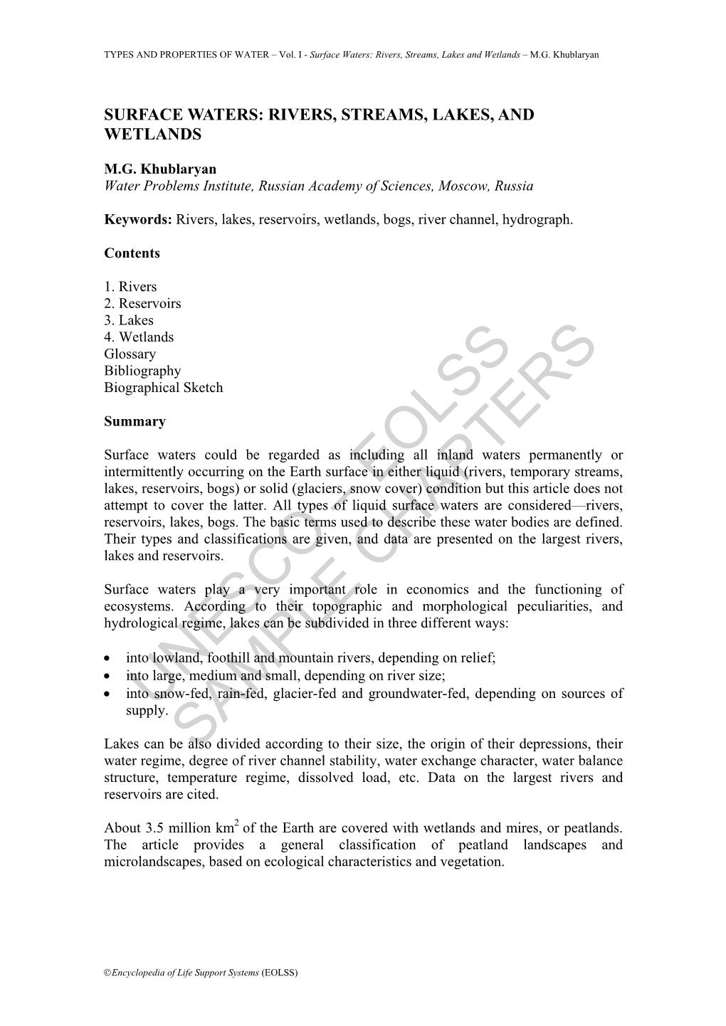 Surface Waters: Rivers, Streams, Lakes and Wetlands – M.G