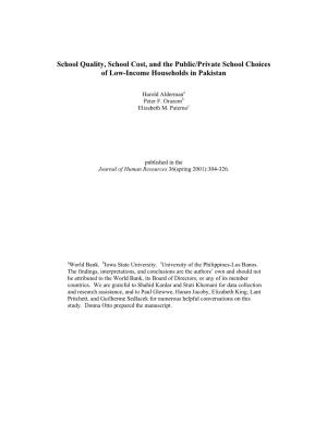 School Quality, School Cost, and the Public/Private School Choices of Low-Income Households in Pakistan
