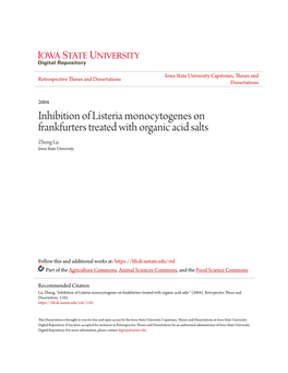 Listeria Monocytogenes on Frankfurters Treated with Organic Acid Salts Zheng Lu Iowa State University