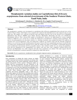 Morphometric Variation Studies on Cypriniformes Fish of Devario Aequipinnatus from Selected Rivers/Streams of the Southern Western Ghats, Tamil Nadu, India