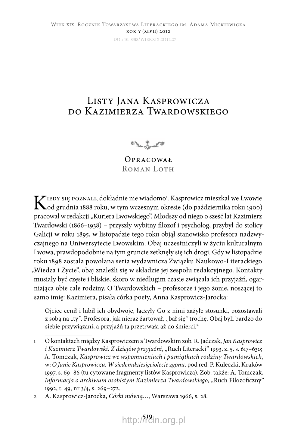 Listy Jana Kasprowicza Do Kazimierza Twardowskiego