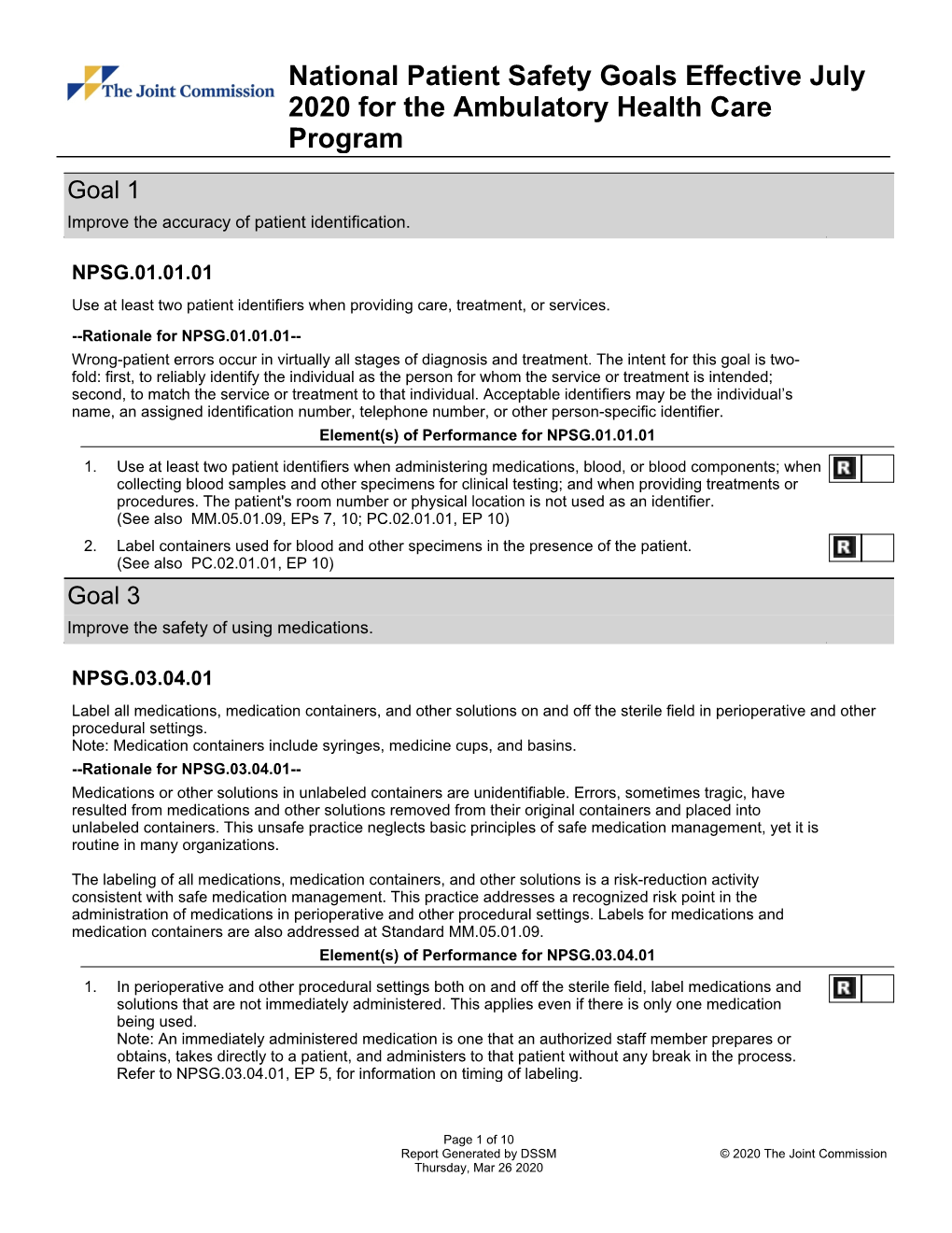 National Patient Safety Goals Effective July 2020 for the Ambulatory Health Care Program