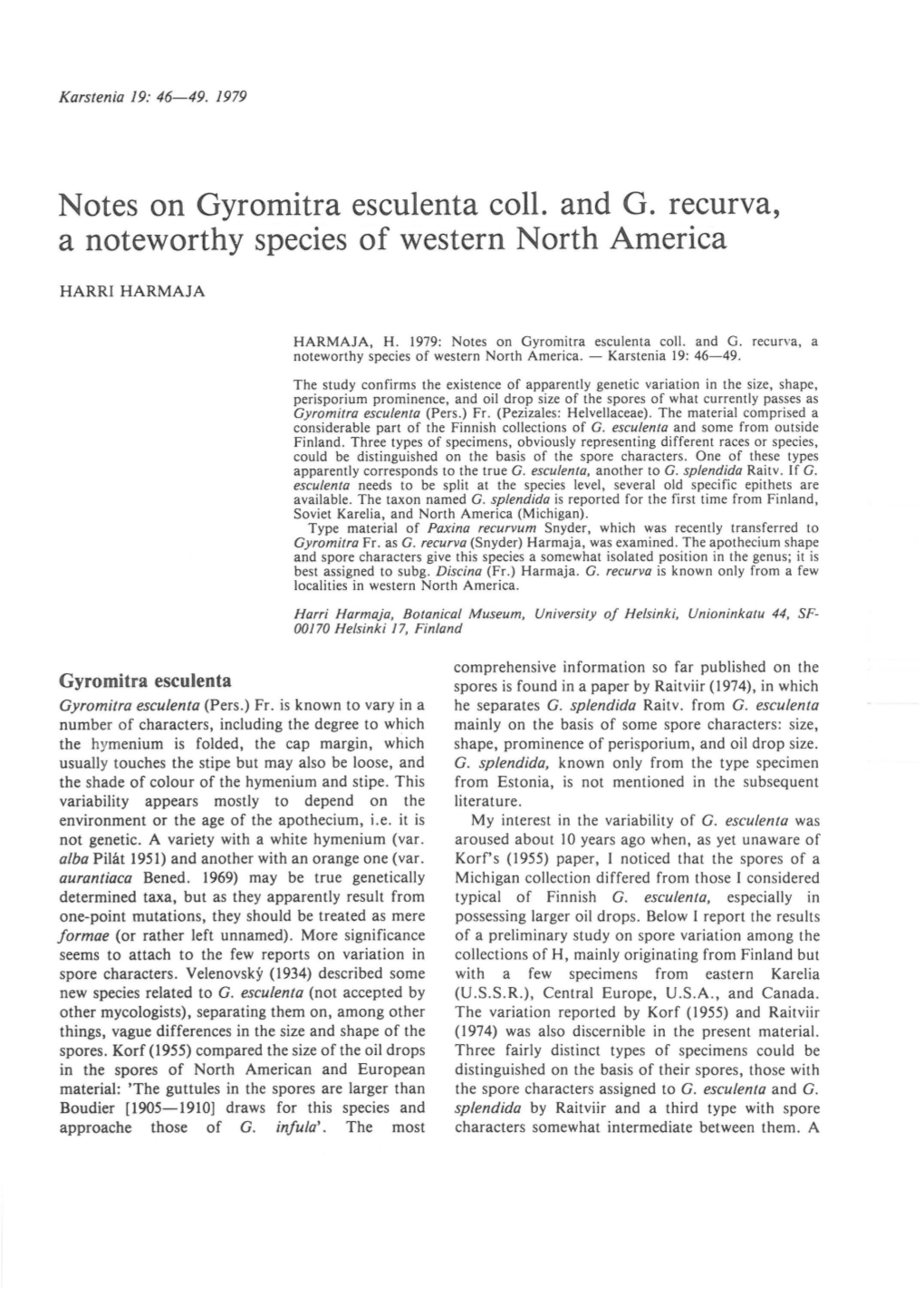 Notes on Gyromitra Esculenta Coll. and G. Recurva, a Noteworthy Species of Western North America